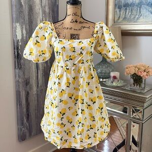 NOBODY’S CHILD Designer Lemon white yellow green baby doll dress M 8 puff sleeve